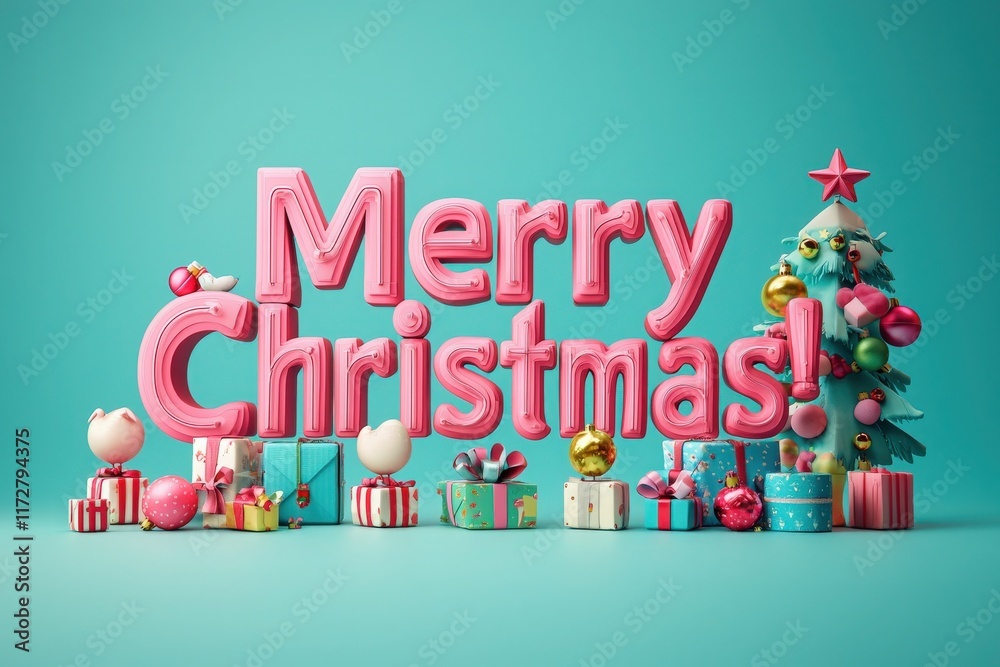 Colorful Christmas decorations showcase a playful design with Merry Christmas! prominently displayed, surrounded by gifts and a vibrant tree. This festive setup evokes holiday cheer.