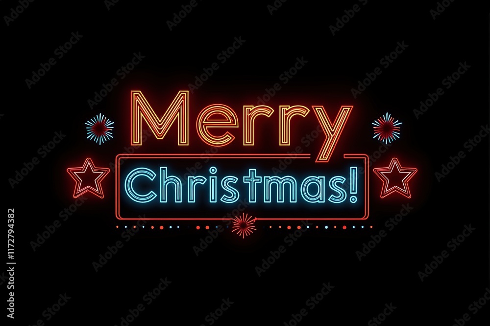 The design features a cheerful neon sign that reads Merry Christmas in bright colors. Surrounding the text are decorative stars and fireworks, enhancing the festive atmosphere.