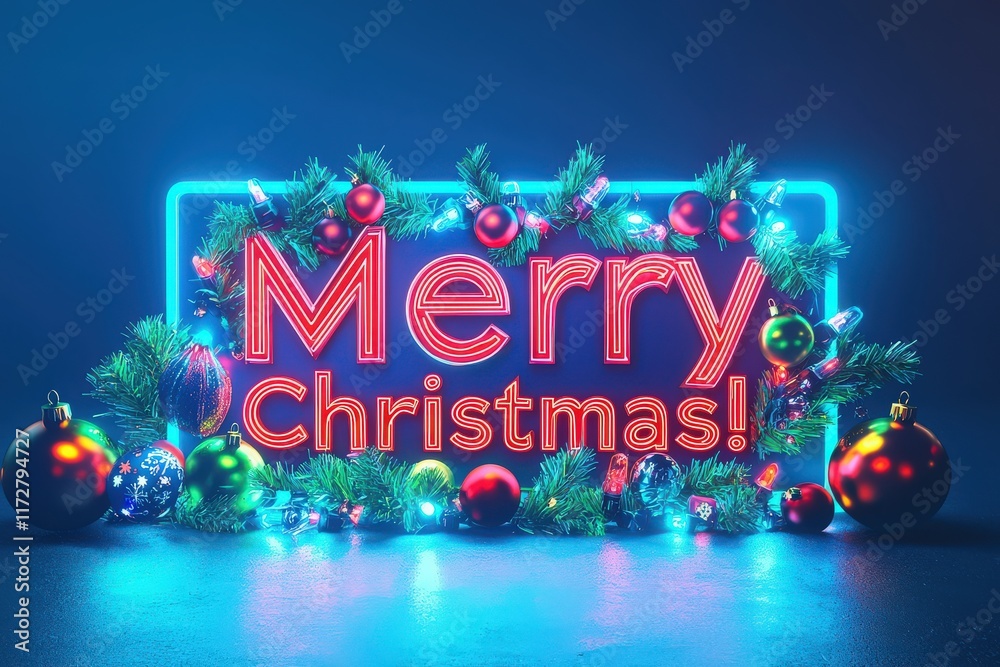 A vibrant neon sign glows brightly with the message Merry Christmas, surrounded by shimmering ornaments and lush greenery, creating a cheerful holiday atmosphere.