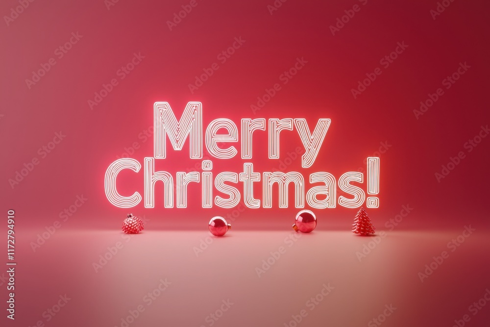 Brightly lit words proclaim Merry Christmas against a striking red background, surrounded by shiny red ornaments and small decorative cones, creating a cheerful holiday atmosphere.
