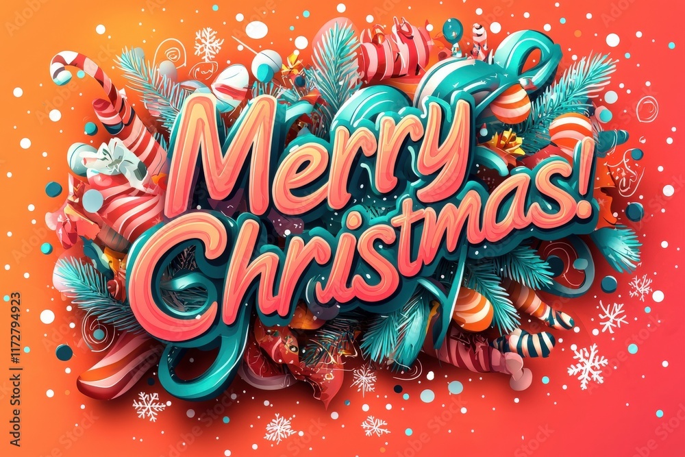 Bright and vibrant design features the words Merry Christmas surrounded by candy canes, holiday ornaments, and evergreen foliage, celebrating the joyful atmosphere of the season.