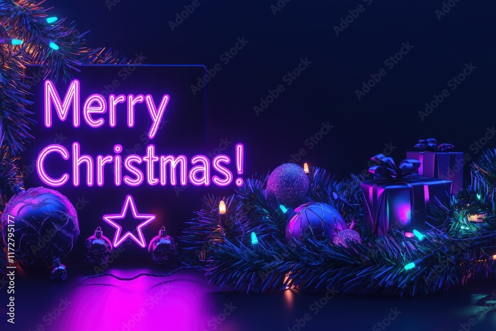 Colorful ornaments and gifts surround a bright neon sign wishing Merry Christmas. The atmosphere radiates holiday joy, illuminated by bright lights and greenery, capturing the festive spirit.