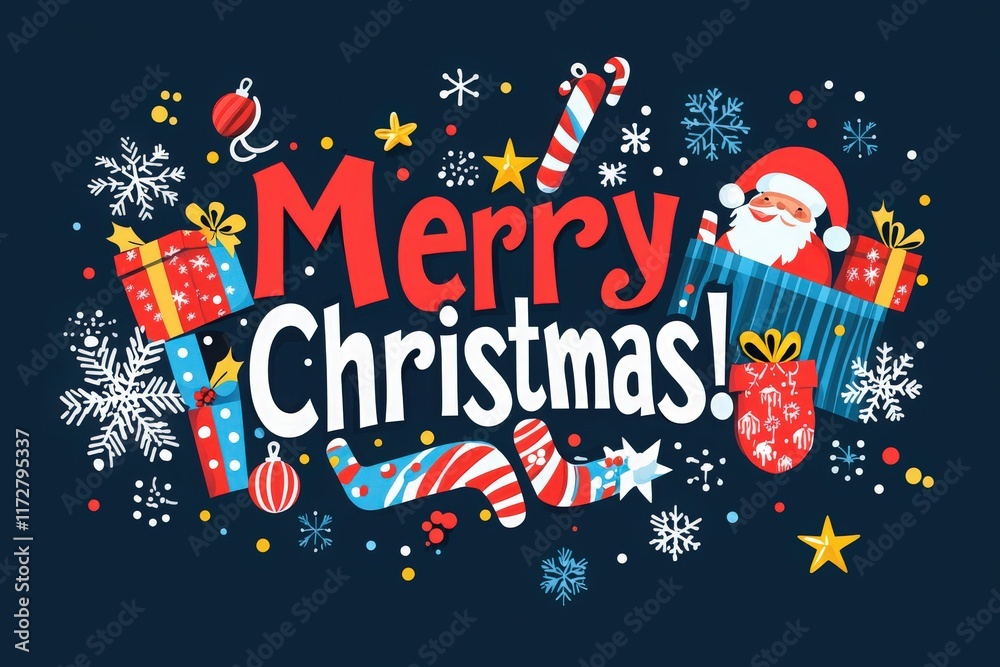 Colorful display celebrating Christmas features Santa, wrapped gifts, candy canes, and snowflakes against a dark background, creating a joyful atmosphere for the holiday season.