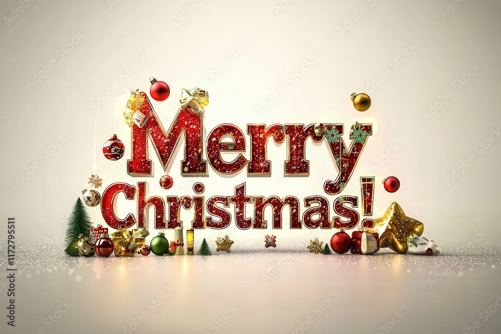 Colorful Christmas decoration showcases Merry Christmas adorned with ornaments, trees, and stars. This festive display evokes a joyful holiday spirit and captures the excitement of the season.