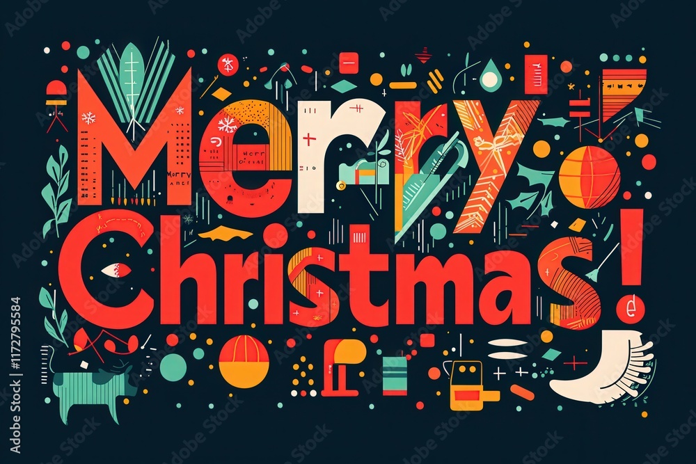 A colorful and artistic display of festive elements surrounding the words Merry Christmas. Various decorative icons enhance the joyful holiday spirit in this cheerful design.