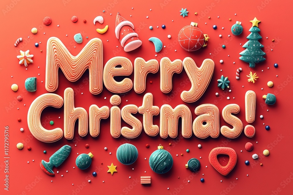 Colorful decorations spell out Merry Christmas, surrounded by festive elements like trees, stars, and ornaments against a bright red background, creating a joyful holiday atmosphere.