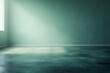 © Suci - Empty room with teal walls and floor, sunlit corner.