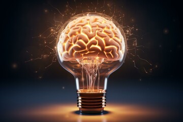 Poster - Human brain glowing inside light bulb, symbolizing creativity, innovation, and new ideas