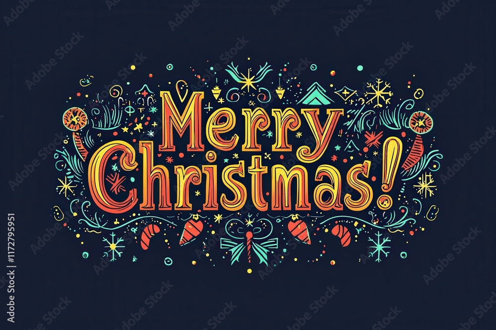 A vibrant design showcases the message Merry Christmas! surrounded by cheerful elements like ornaments and stars. The artwork captures the joyful spirit of the holiday.