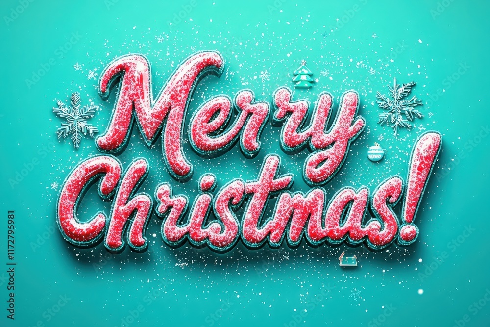 A vibrant display of holiday cheer featuring the words Merry Christmas decorated with sparkling designs. The backdrop is a bright turquoise, enhancing the festive spirit with snowflakes and ornaments.