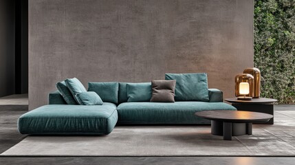 Sticker - Teal sectional sofa in modern living room.