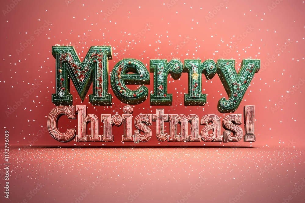 Bright and colorful letters spell out Merry Christmas against a vibrant red backdrop. Glitter and sparkles surround the words, enhancing the joyful holiday spirit.