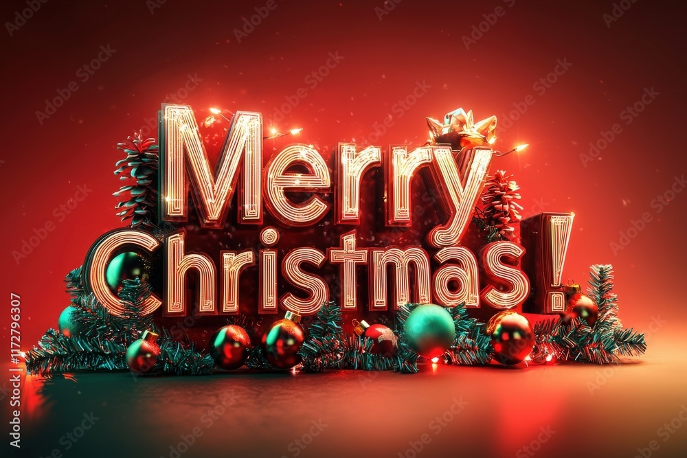 Decorative display featuring the words Merry Christmas surrounded by colorful ornaments, pinecones, and green garlands. The vibrant lighting adds a joyful atmosphere to the festive arrangement.