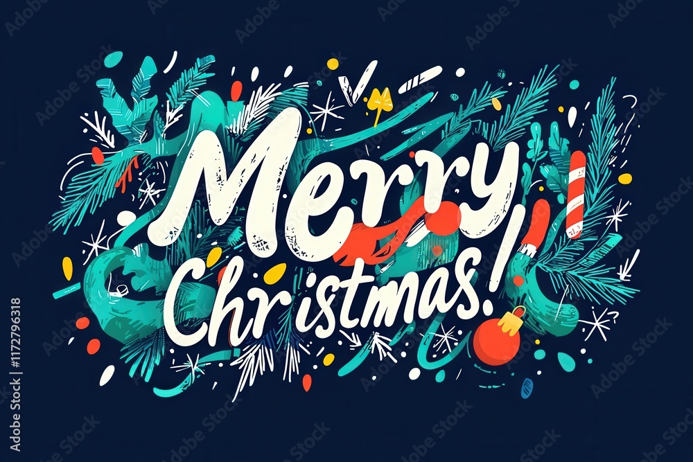 Vibrant Christmas greeting showcases the words Merry Christmas! surrounded by playful illustrations like ornaments, candy canes, and pine branches. The design exudes holiday cheer and warmth.