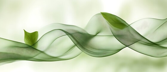 Wall Mural - Abstract green fabric wave with leaves.