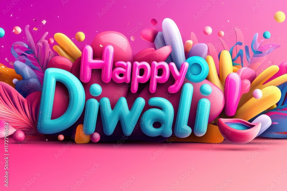 Festive decorations in bright colors celebrate Diwali, featuring the phrase Happy Diwali amidst an array of vibrant shapes and elements, creating a joyful atmosphere for the festival.