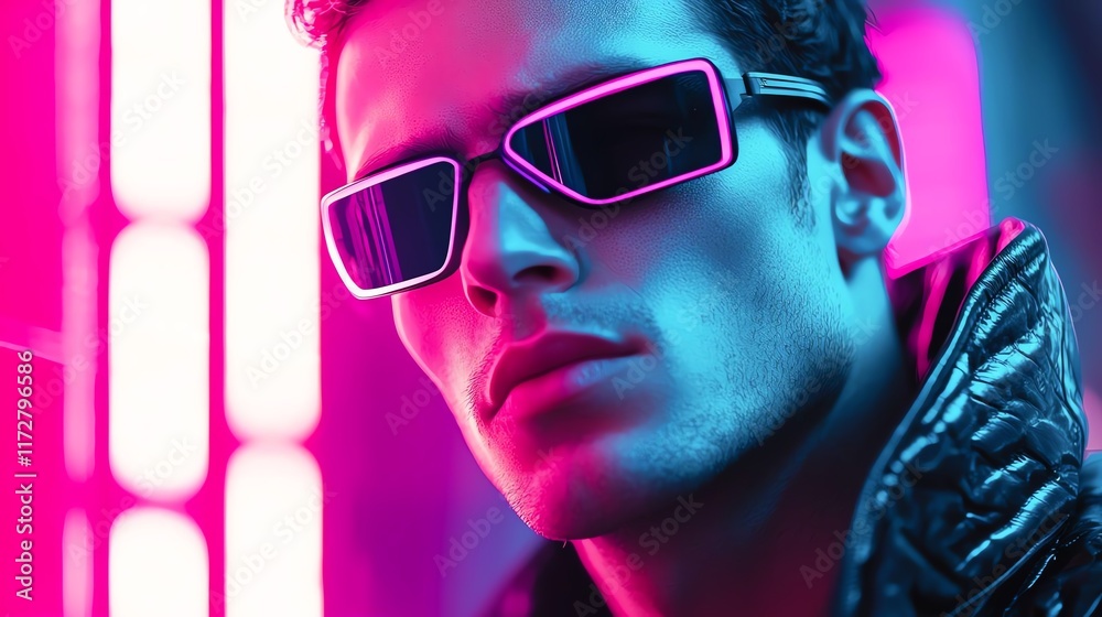 Stylish young man poses in vibrant neon lighting with sunglasses and ...
