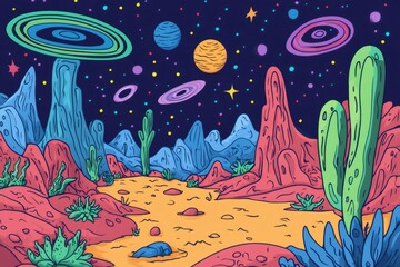 vibrant illustration of an alien landscape featuring colorful rock formations, cacti, and planets un