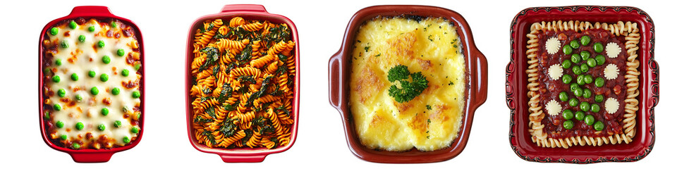 Wall Mural - Set of baked pasta with cheese and green vegetables, isolated on a transparent background.