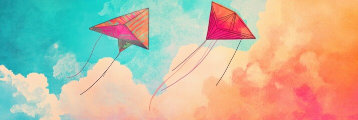 Poster - Colorful kites soaring in a vibrant sky with retro risograph art style during a sunny afternoon. Generative AI