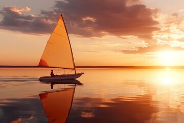 Canvas Print - Sailing on calm waters at sunset with vibrant colors reflecting in the serene lake