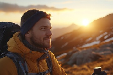 Canvas Print - Hiker enjoys sunset view over mountains while holding trekking pole in early evening