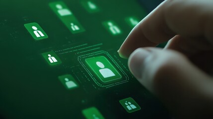 Poster - Closeup of hand engages with vibrant green icon on tablet screen, navigating digital interface
