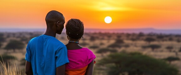 Poster - Couple watching sunset over African savanna.