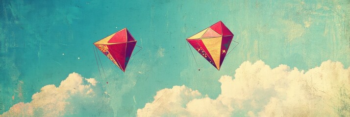Poster - Colorful kites soaring in a blue sky with fluffy clouds during a bright sunny day in a whimsical retro style. Generative AI
