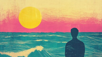 Fototapete - Sunset over ocean with silhouette, retro risograph style artwork capturing tranquil moment at beach. Generative AI