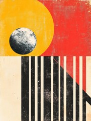 Poster - Retro risograph artwork featuring a colorful abstract sun, earth, and geometric patterns in a vibrant design. Generative AI