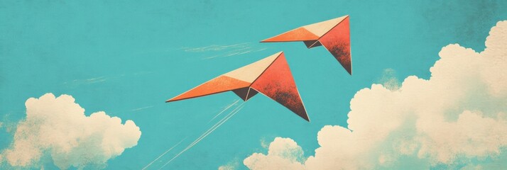 Aufkleber - Two colorful paper planes soar through a bright blue sky with fluffy white clouds above a vibrant landscape. Generative AI