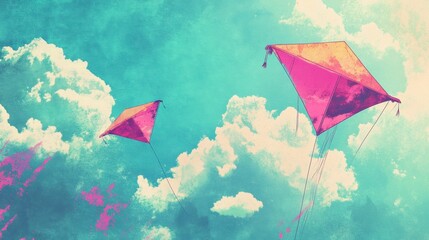 Poster - Colorful kites flying high in the bright blue sky on a sunny day with fluffy clouds. Generative AI