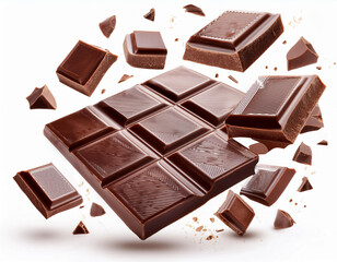 Wall Mural - Milk chocolate bars floating with pieces, on white background. Flying dark chocolate pieces, isolated