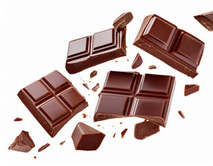 Wall Mural - Milk chocolate bars floating with pieces, on white background. Flying dark chocolate pieces, isolated