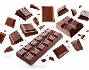 Wall Mural - Milk chocolate bars floating with pieces, on white background. Flying dark chocolate pieces, isolated