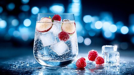 Wall Mural - Sparkling water with raspberries and ice in a glass.