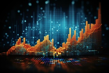 Poster - Growing bar graph with digital grid and binary code background indicating growing progress, analyzing statistics data, and financial success