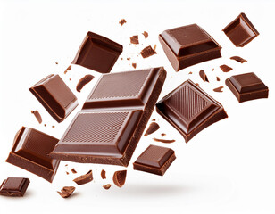 Wall Mural - Milk chocolate bars floating with pieces, on white background. Flying dark chocolate pieces, isolated