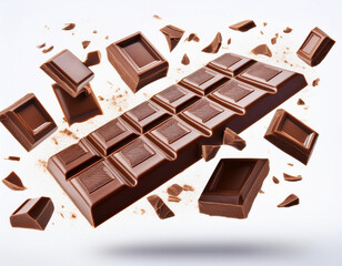 Wall Mural - Milk chocolate bars floating with pieces, on white background. Flying dark chocolate pieces, isolated