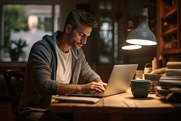 Poster - Man working from home at night using laptop computer, typing on keyboard under lamp light