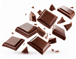 Wall Mural - Milk chocolate bars floating with pieces, on white background. Flying dark chocolate pieces, isolated