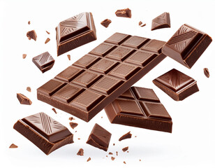 Milk chocolate bars floating with pieces, on white background. Flying dark chocolate pieces, isolated