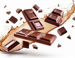 Wall Mural - Milk chocolate bars floating with pieces, on white background. Flying dark chocolate pieces, isolated