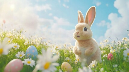 Wall Mural - Cute cartoon Easter bunny in a field of flowers with colorful eggs.