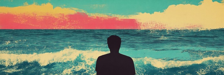 Aufkleber - Person gazing at vibrant sunset over ocean waves in retro risograph style artwork. Generative AI