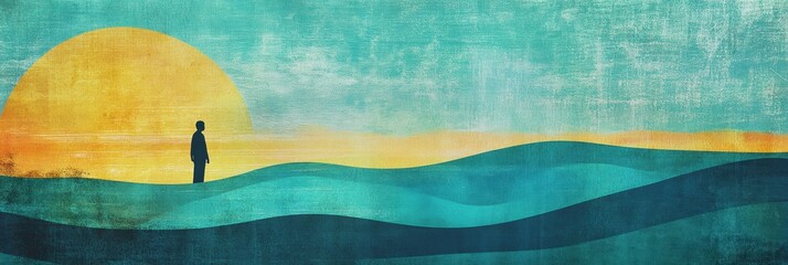 Aufkleber - Silhouette of a person on rolling hills against a colorful retro sunset near the ocean. Generative AI