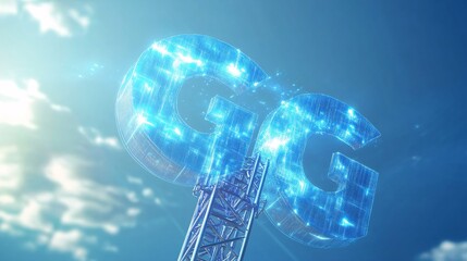 Fototapete - A striking holographic representation of the letters 'GG' atop a sleek metallic tower, bathed in soft blue light.