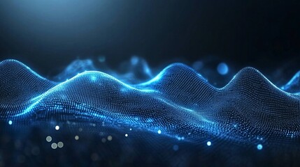 Fototapete - Abstract digital landscape featuring luminous blue waves and dots, creating a futuristic and serene atmosphere.