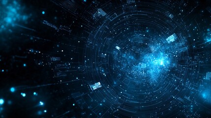 Aufkleber - A mesmerizing blue abstract digital background depicting a cosmic universe of data and technology.